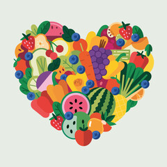 Heart shape made of colorful fresh fruits and vegetables healthy eating concept