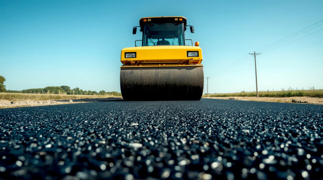 New road construction. large yellow road roller compaction fresh black asphalt on a new road.