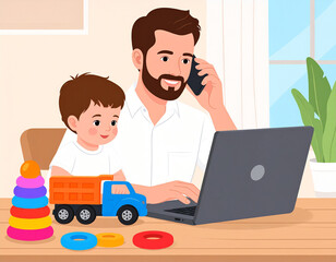 Father Working from Home with Toddler Son Playing