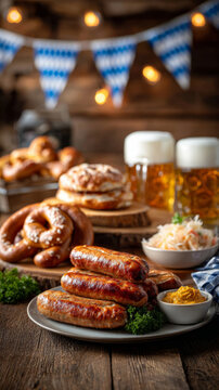 Enjoying traditional Oktoberfest food and drink at a festive table in Germany