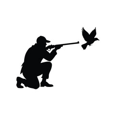 Naklejka premium Hunter crouching aiming rifle at flying bird silhouette