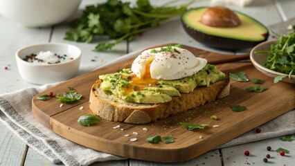 Rustic breakfast delight featuring creamy avocado toast topped with a perfectly poached egg, fresh herbs, and a hint of spice