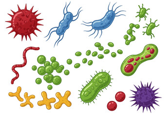 Vibrant collection of diverse cartoon microbes and bacteria showcasing various shapes and colors, perfect for educational and scientific projects.