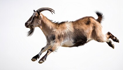 goat jumping in mid air showcasing its lively and energetic nature isolated on a white background