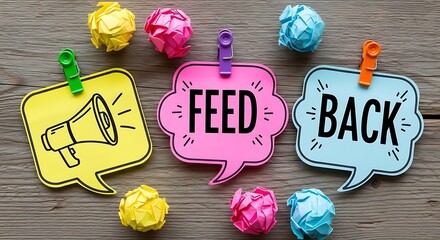 Colorful speech bubble concept illustrating feedback, with megaphone and crumpled paper.