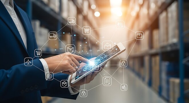Man in suit uses tablet in warehouse, connected to digital network.