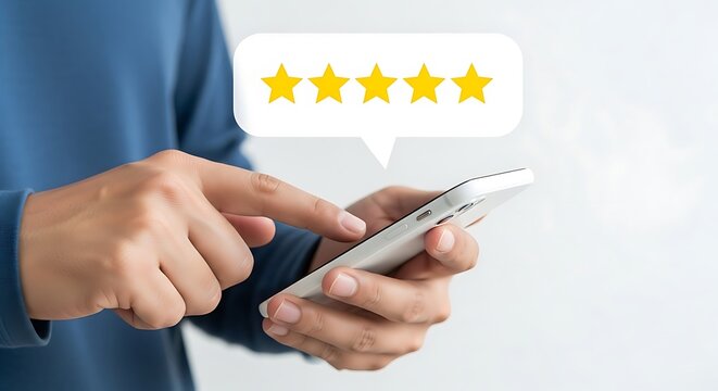 Man using smartphone to give a five-star rating, with a speech bubble containing gold stars above the phone.