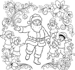 xmas, child, cartoon, coloring, coloring book, illustration, drawing, children, christmas, vector, fairytale, animal, outline, bear, winter, toy, flowers, childhood, sketch, art, cat, clip-art, forest