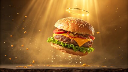 Surreal burger floating under golden rays with a celestial aura and toppings that defy reality in an imaginative culinary dream