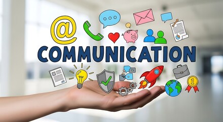 A hand holding various communication icons, symbolizing connection and information sharing.