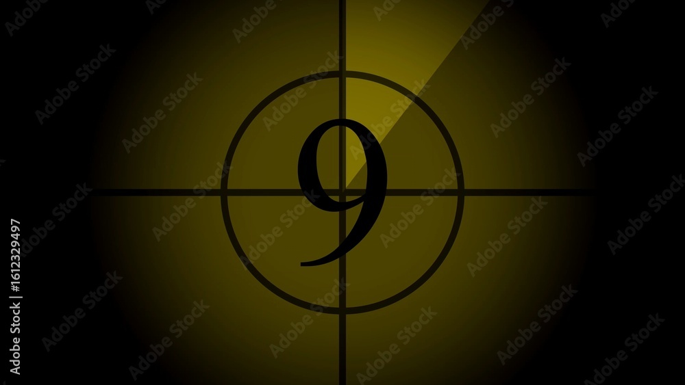 Poster countdown number nine in a circle with crosshairs on a dark yellow background