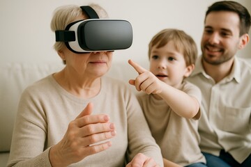Elderly woman enjoying virtual reality experience with curious child and adult man at home