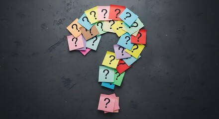 Colorful sticky notes form a large question mark on a dark surface.