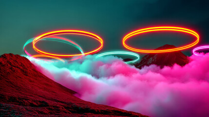 Dreamlike rings of light over fog-covered mountains under neon-lit sky