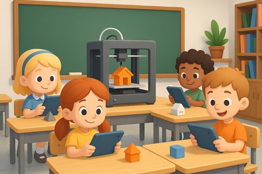 Children using tablets and 3d printer in classroom for educational project. concept of innovative learning, technology in education, interactive school project