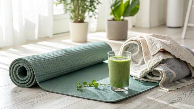 Serene wellness corner featuring a yoga mat, refreshing green smoothie, and soft towel draped thoughtfully