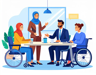 Diverse team meeting with two women in hijabs and two wheelchair users