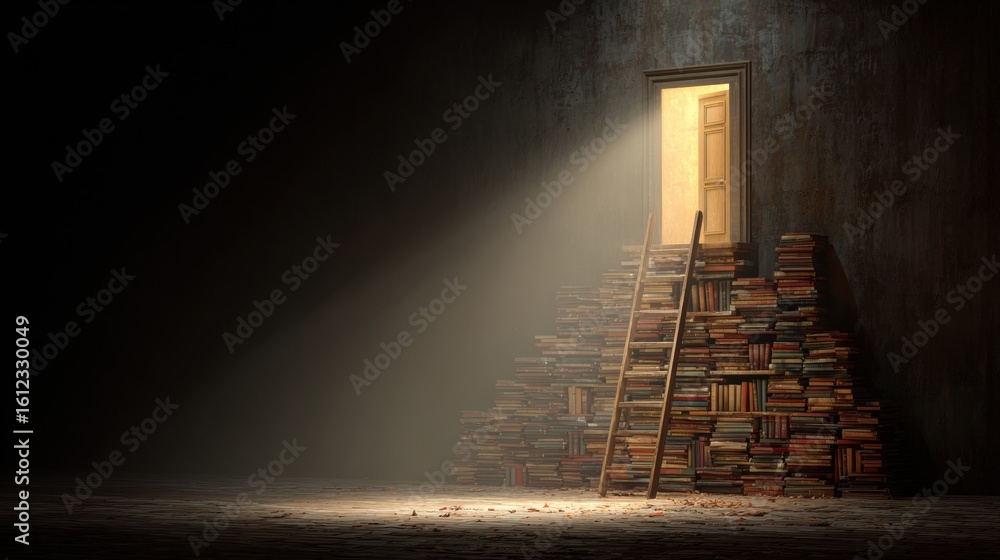 Poster ladder leads from towering book stack to an illuminated door in a darkened space with soft light