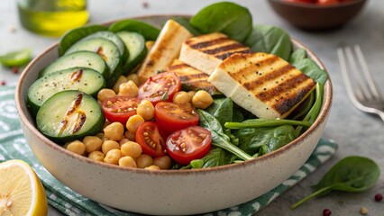Indulge in a vibrant bowl of grilled halloumi with chickpeas and fresh spinach on a sunny afternoon