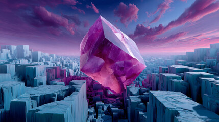 Floating purple crystal above icy canyon landscape with fantasy sky at twilight