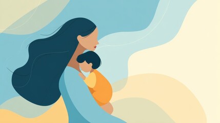 Illustration of mother with child in abstract colorful background. Single Parent Day. Baby shower. Minimal parenting art, skin-to-skin. World Breastfeeding Week, Day of Parents