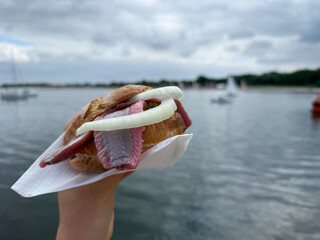 Traditional north german street food snack wheat bun with marinated herring matjes fish with onion...