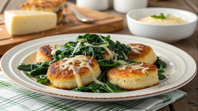 Delicious brambor ky served with vibrant spinach and melted cheese on a rustic plate