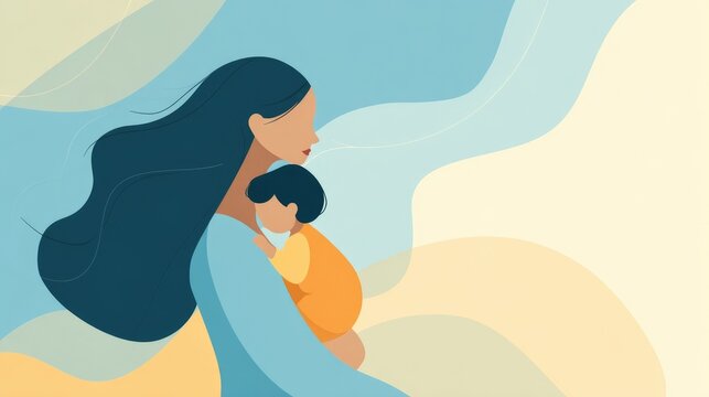 Illustration of mother with child in abstract colorful background. Single Parent Day. Baby shower. Minimal parenting art, skin-to-skin. World Breastfeeding Week, Day of Parents