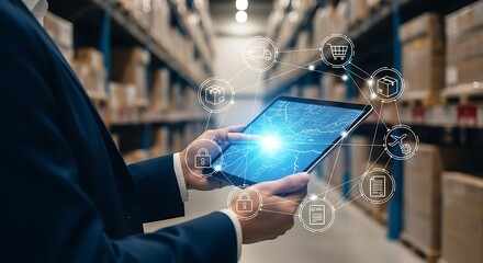 Businessman using a tablet with digital logistics icons overlaid on a warehouse background.