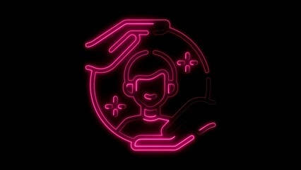Pink neon hands protecting person inside a circle on black background