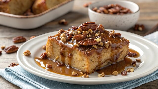 Delightful bread pudding topped with rich pecan praline sauce for a sweet dessert experience