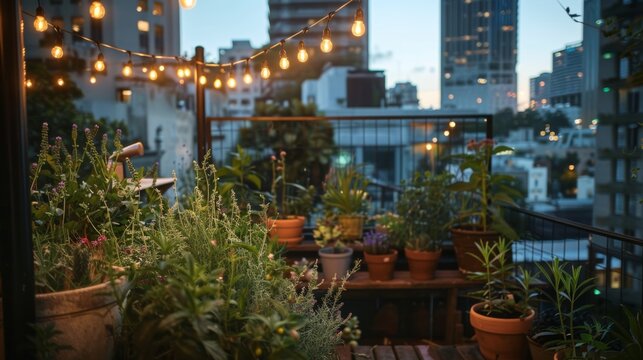 Rooftop garden with string lights and lush plants overlooking the city skyline at dusk - Powered by Adobe