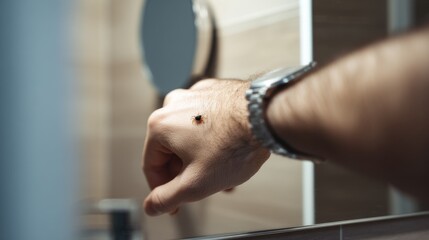 Close-up of a fly on a caucasian young adult male's hand indoors