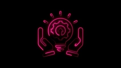 Pink neon lightbulb with gear and arrow icon held by hands on black background