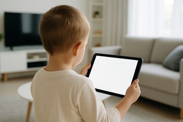 Young child using tablet with blank white screen in bright living room setting. concept of early childhood education, technology interaction, indoor learning, mockup, copy space