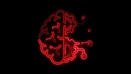 Red Neon Brain and Circuitry Illustration on Black Background