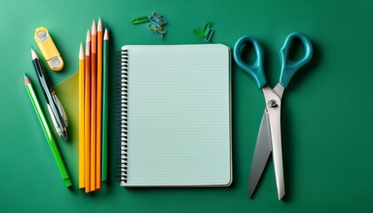 spiral notebook colored pencils and scissors on a green surface