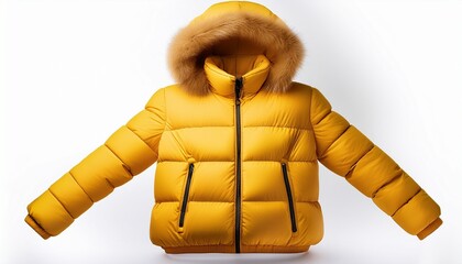 yellow puffer jacket featuring a hood isolated on a white background