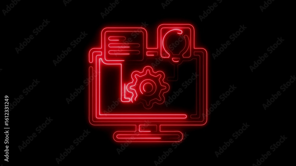 Poster red neon computer monitor icon with gear lightbulb and document symbols on black background