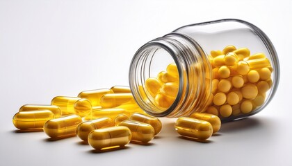 transparent bottle containing yellow capsules isolated on a white background