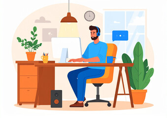Man with Headphones Working at Desk with Computer, Plants, and Chat Bubble