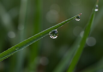 Close-up of a dewdrop on a blade of grass, soft background blur 