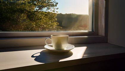 a white coffee cup with saucer sits on a windowsill casting a long shadow bright sunlight streams in creating a serene and contemplative morning atmosphere
