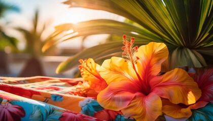 sunlit scene featuring vibrant floral fabric perfect for conveying themes of summer travel leisure and tropical style ideal for backdrops and lifestyle imagery