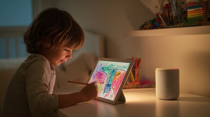 Young caucasian child drawing on tablet with smart speaker in cozy room