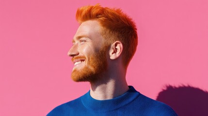 Smiling young caucasian male with red hair against bright pink background