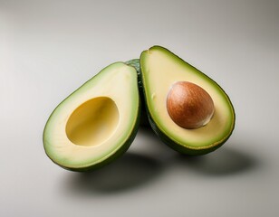 two halves of a light green avocado sliced open display smooth pale interior studio shot against a neutral background