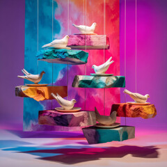 Surreal installation with porcelain birds on suspended marble-like plinths in colorful studio