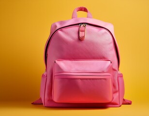 pink backpack against bright yellow background