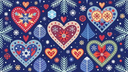 Naklejka premium Seamless winter pattern with hearts and snowflakes on dark background, vector